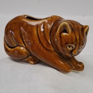 Vintage  ceramic ginger colour sitting cat ashtray/ small planter